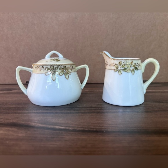 Vintage Hand Painted Nippon Sugar Bowl with Lid and Creamer Pitcher - Picture 1 of 11